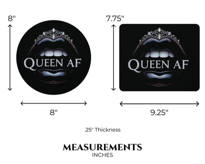 Two 'Queen AF' coasters with measurements indicated