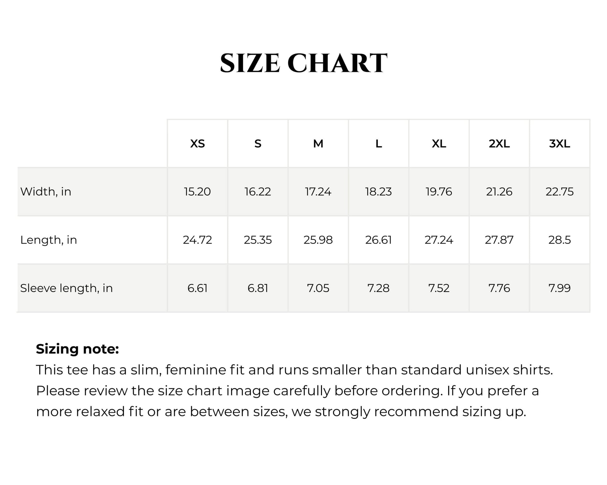 Size chart for shirts with measurements in inches