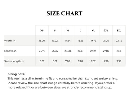Size chart for shirts with measurements in inches