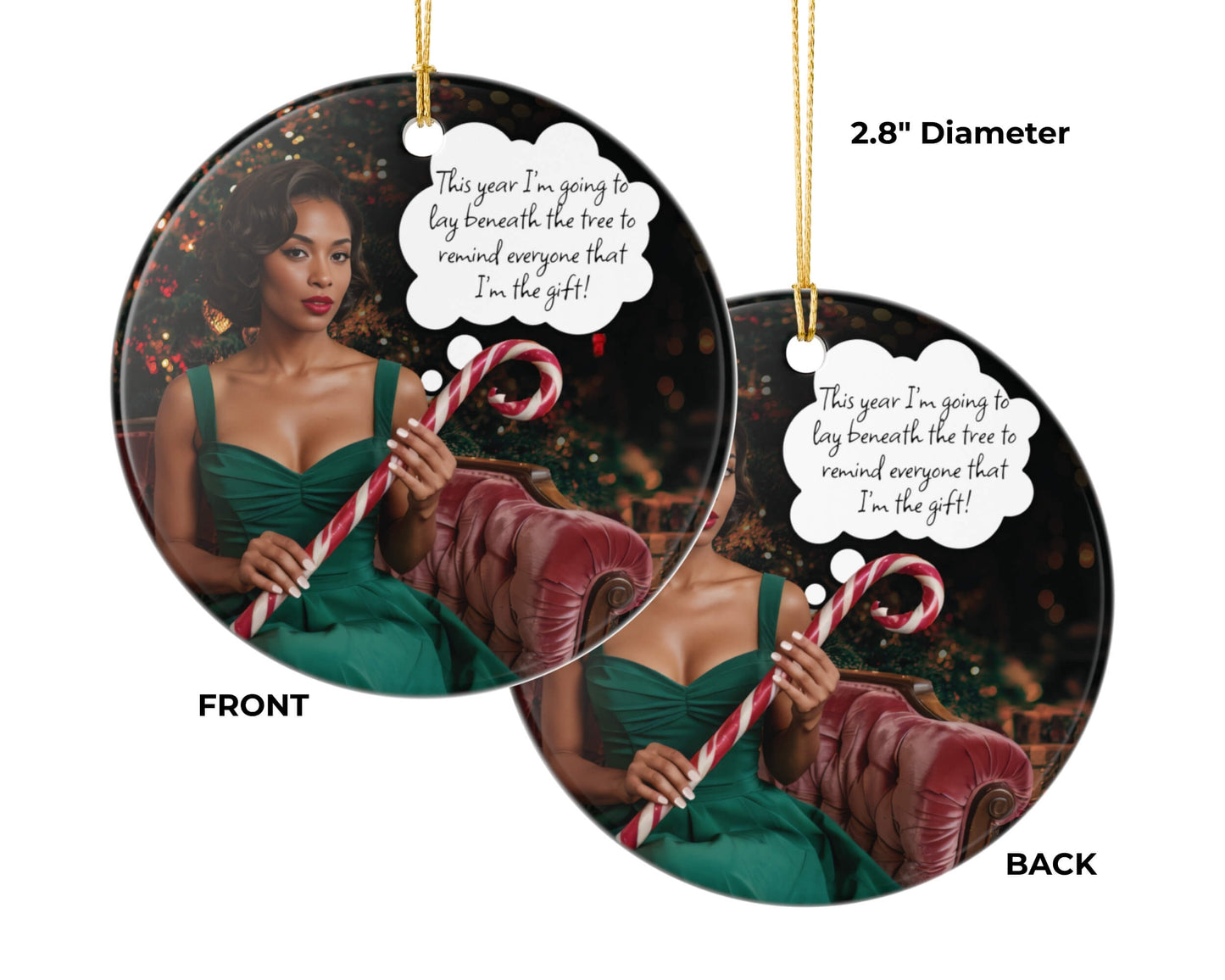 Circular Christmas ornament with a woman in a green dress holding a candy cane, shown from both front and back views.