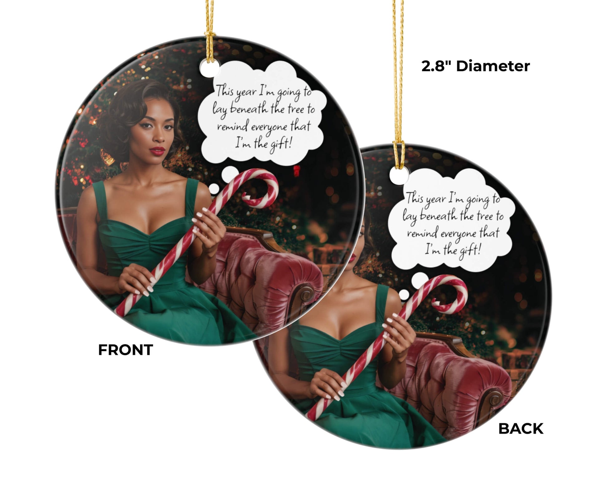 Circular Christmas ornament with a woman in a green dress holding a candy cane, shown from both front and back views.