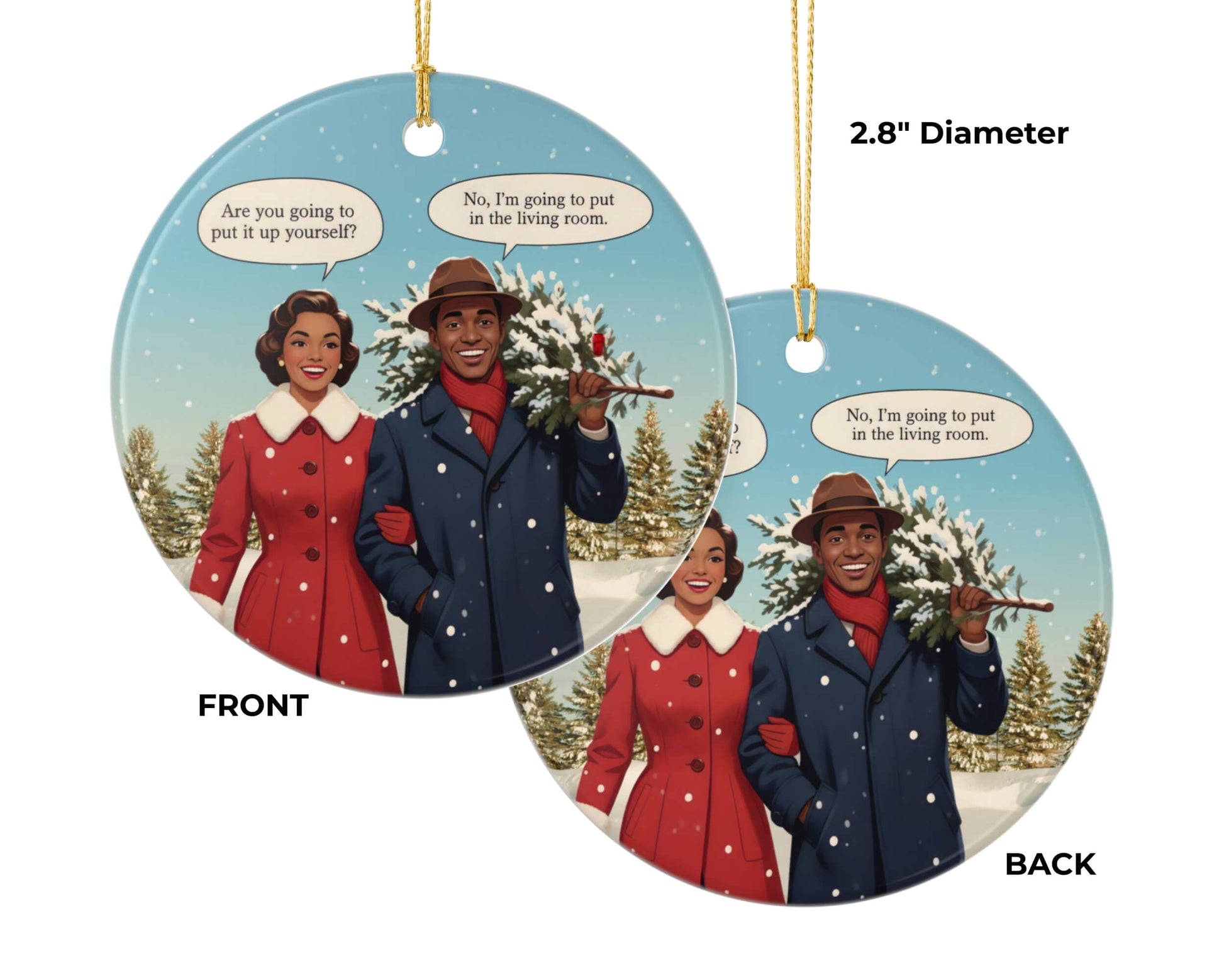 Christmas ornament with a couple choosing a tree, front and back views, on a white background.