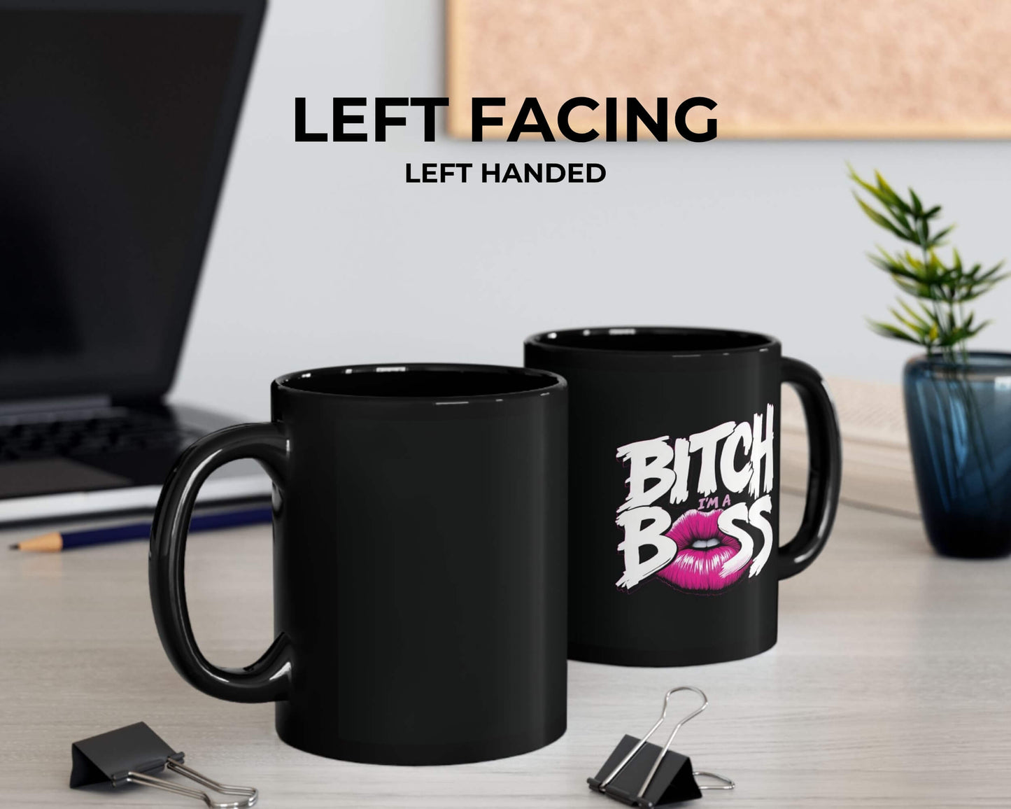 Black mug with 'Bitch Boss' text on a desk with office items.