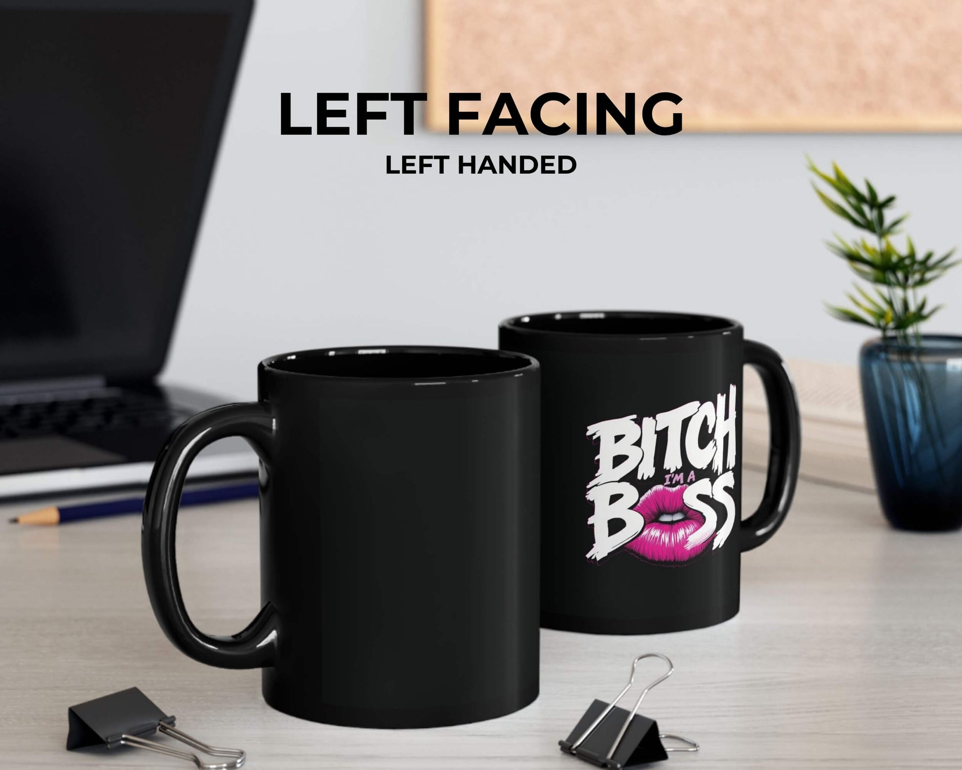 Black mug with 'Bitch Boss' text on a desk with office items.