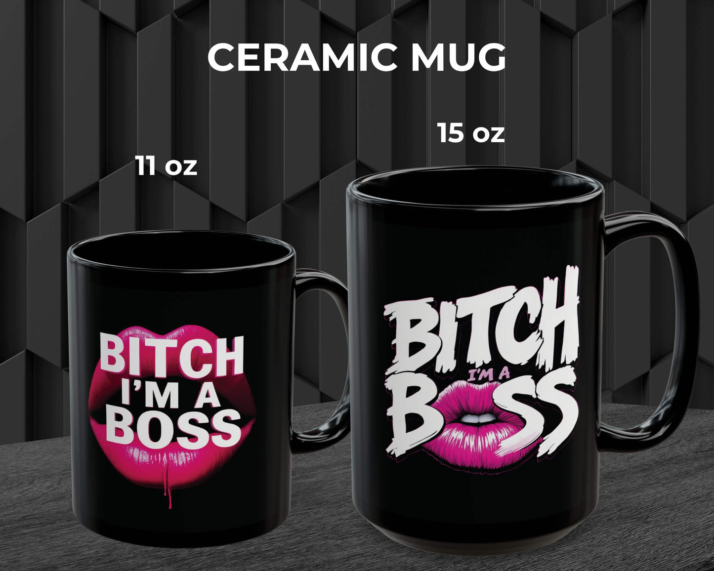 Two black ceramic mugs with graphic designs and text on a dark background