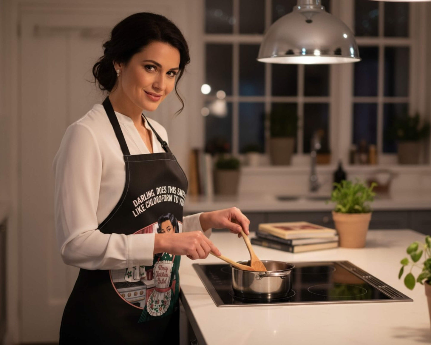 Merry Christmas Babe Retro Apron | Vintage Holiday Pin-Up Kitchen Apron | Playful Festive Hostess Gift (Black or White Apron)