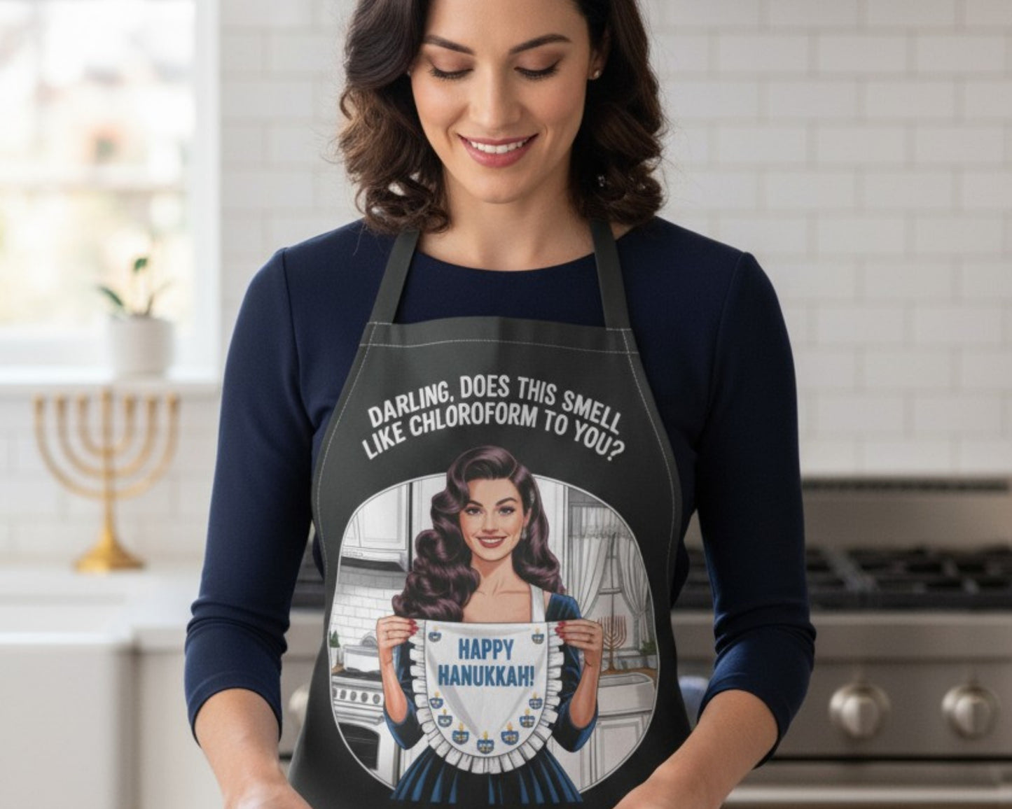 Happy Hanukkah Retro Pin-Up Apron | Vintage Hanukkah Kitchen Décor | Cheeky Holiday Hostess Gift (Black or White Apron)