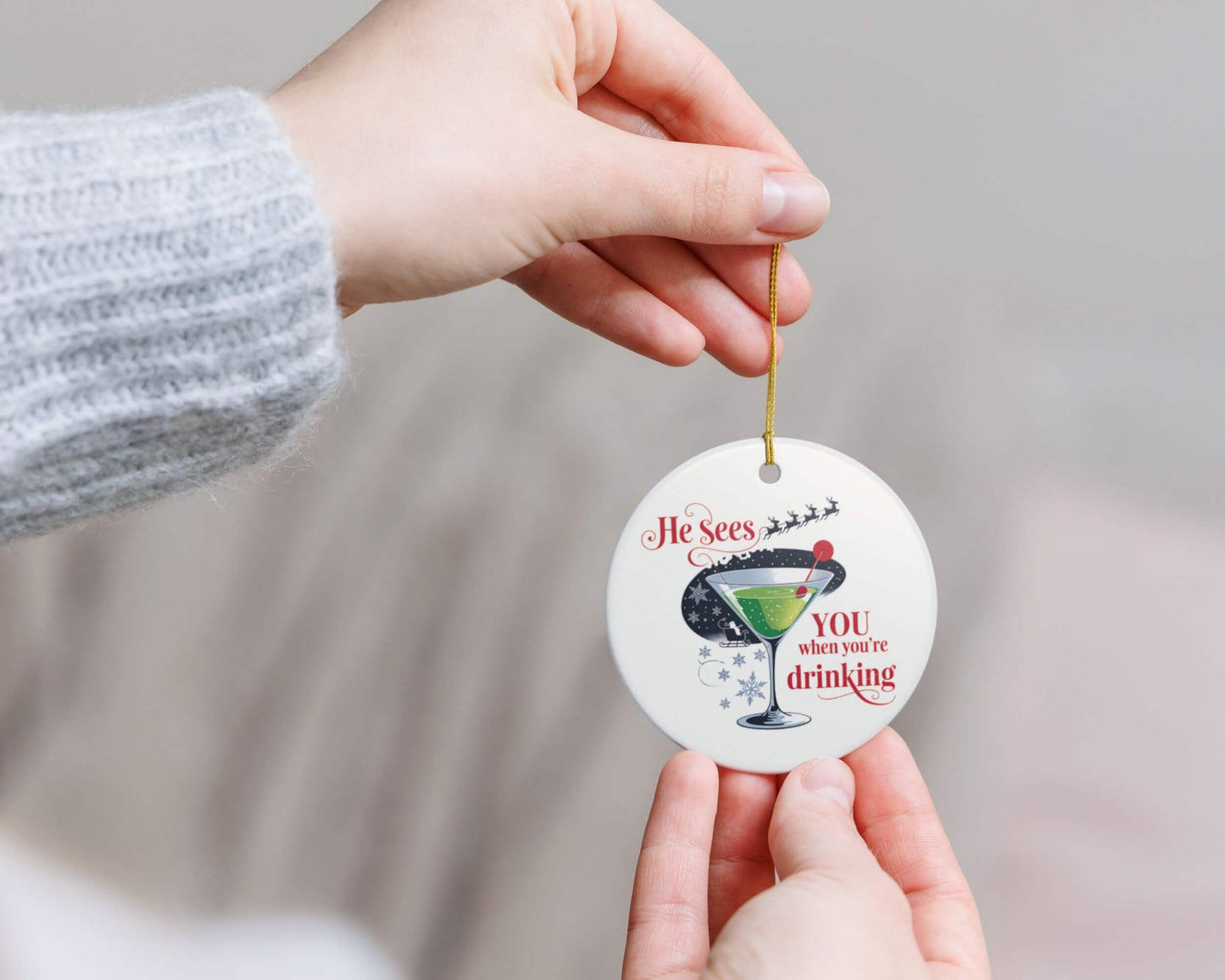 He Sees You When You’re Drinking Ornament – Green Cosmic Martini Ceramic Christmas Décor