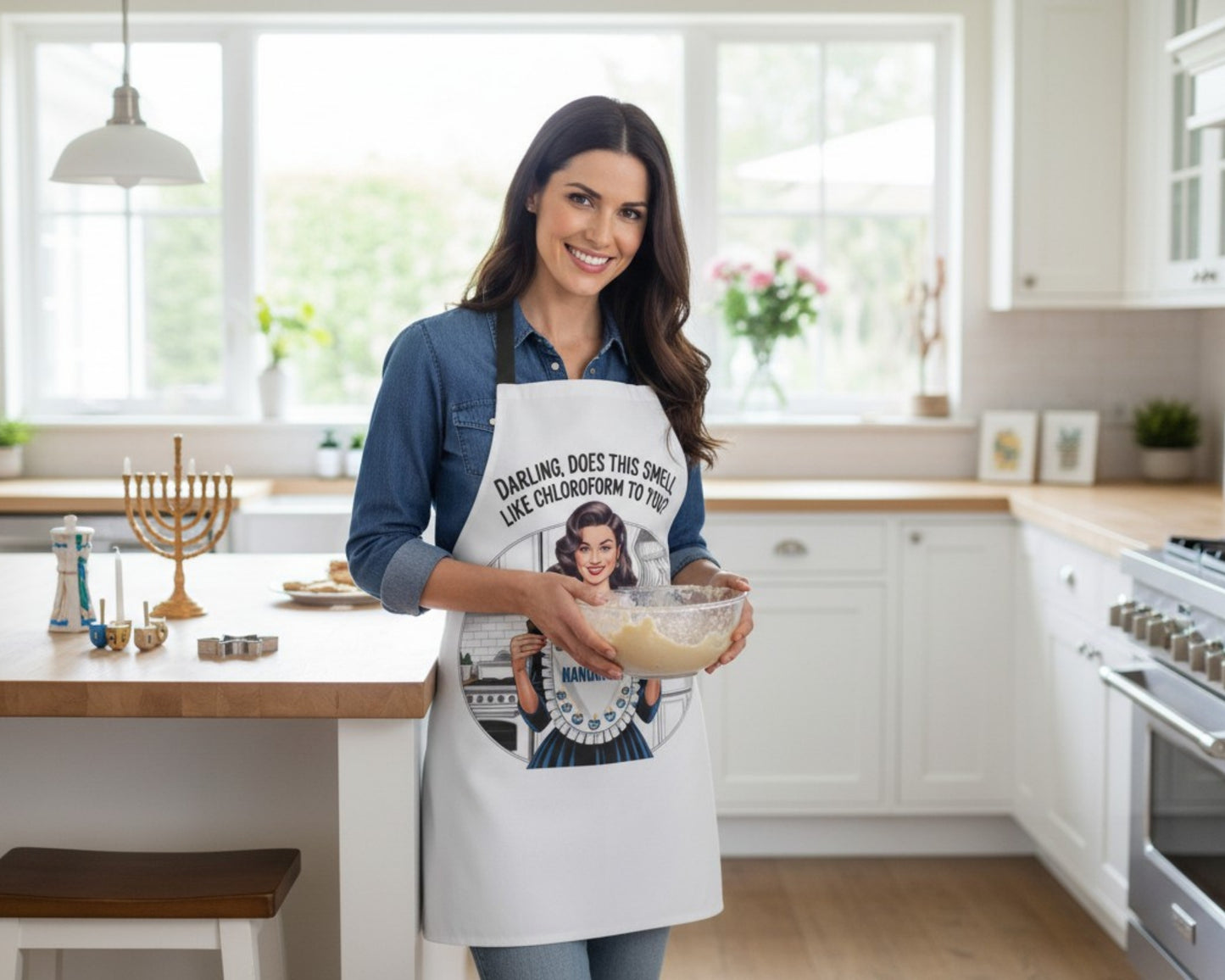 Happy Hanukkah Retro Pin-Up Apron | Vintage Hanukkah Kitchen Décor | Cheeky Holiday Hostess Gift (Black or White Apron)