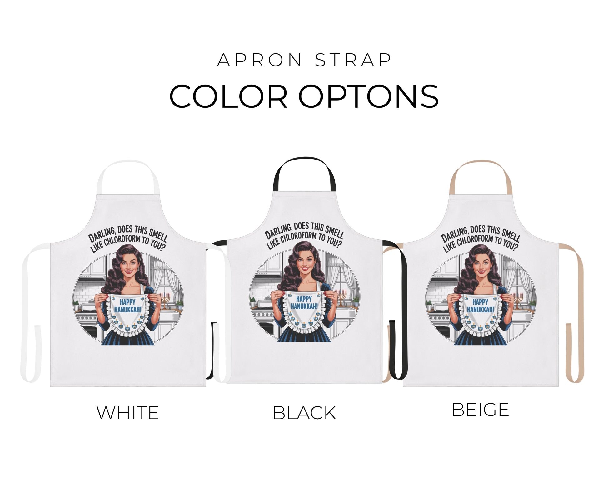Three aprons with different strap colors displayed on a white background.