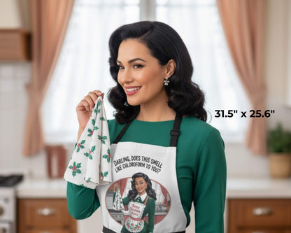 Merry Christmas Babe Retro Apron | Vintage Holiday Pin-Up Kitchen Apron | Playful Festive Hostess Gift (Black or White Apron)