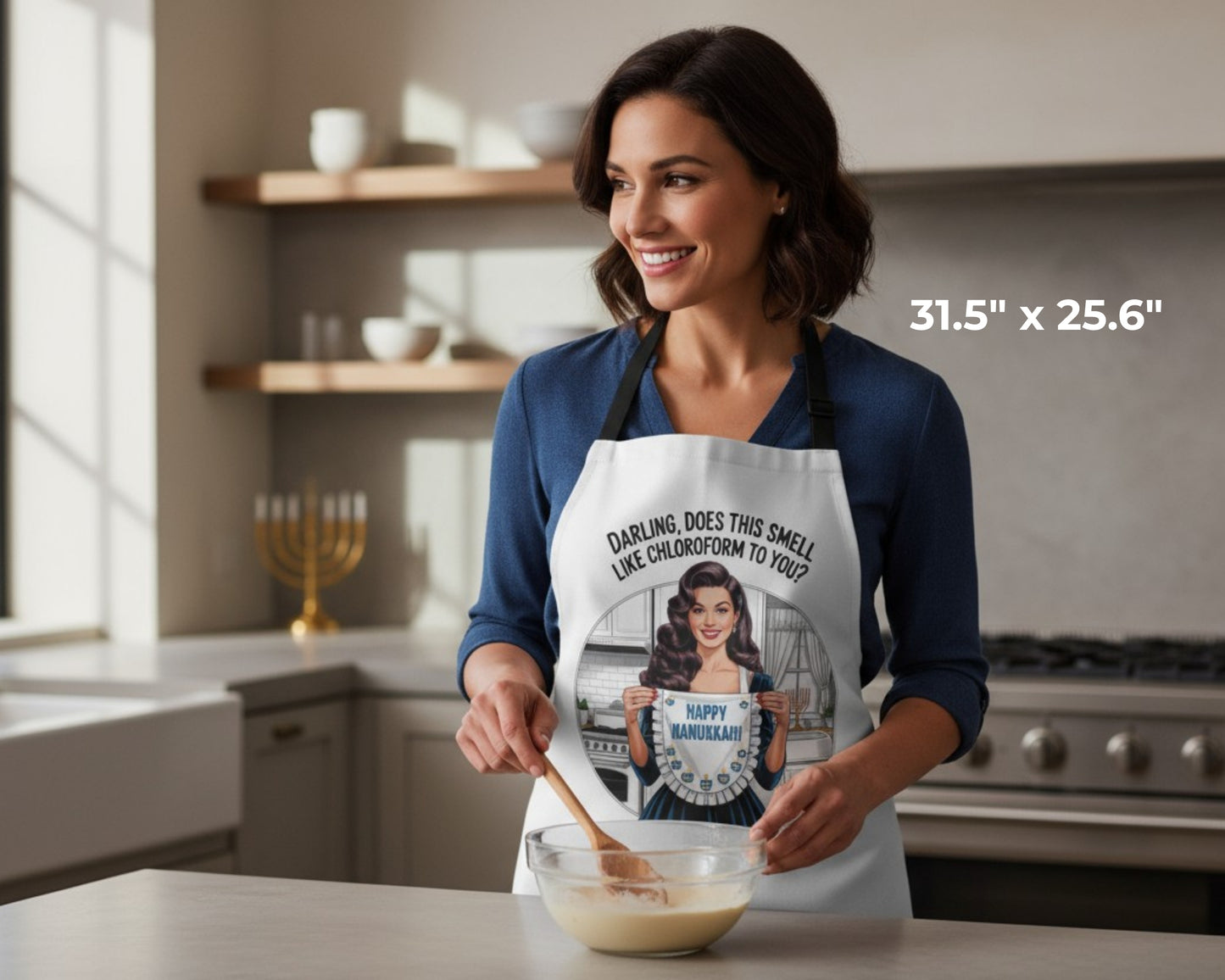 Happy Hanukkah Retro Pin-Up Apron | Vintage Hanukkah Kitchen Décor | Cheeky Holiday Hostess Gift (Black or White Apron)