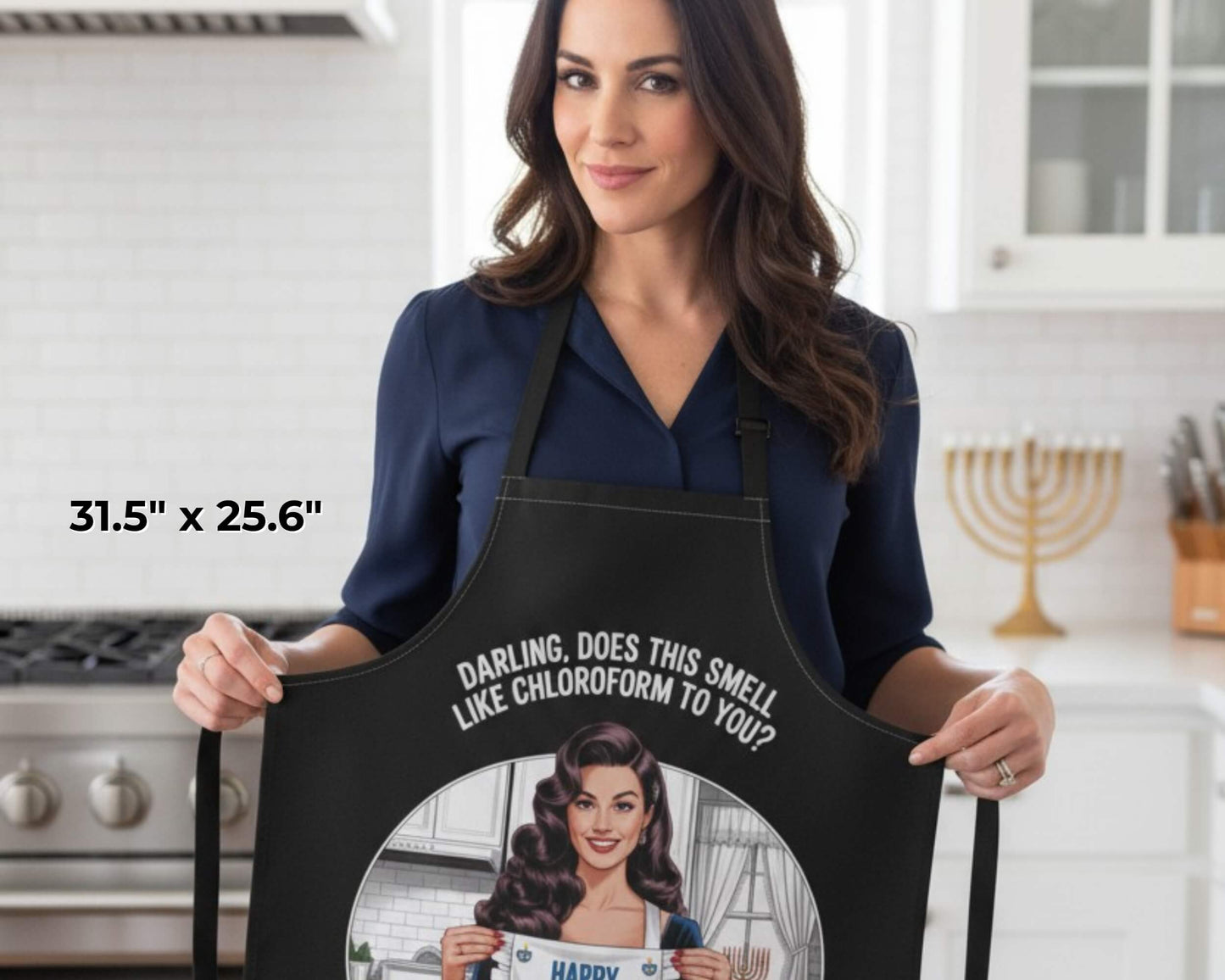 Happy Hanukkah Retro Pin-Up Apron | Vintage Hanukkah Kitchen Décor | Cheeky Holiday Hostess Gift (Black or White Apron)