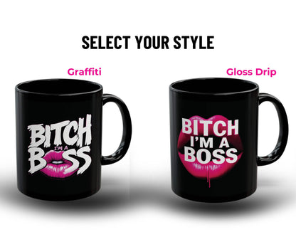 Two black mugs with 'BITCH I'M A BOSS' text design on a white background.
