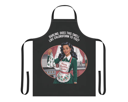 Dark humor Christmas apron 50s housewife holding chloroform rag saying Merry Christmas Babe