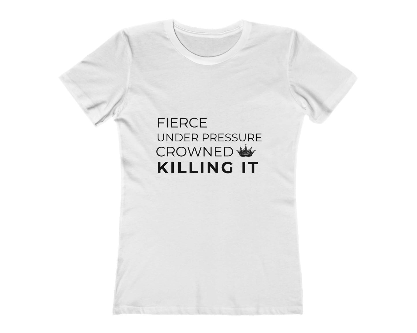 White t-shirt with motivational text design on a white background