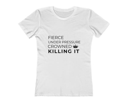 White t-shirt with motivational text design on a white background