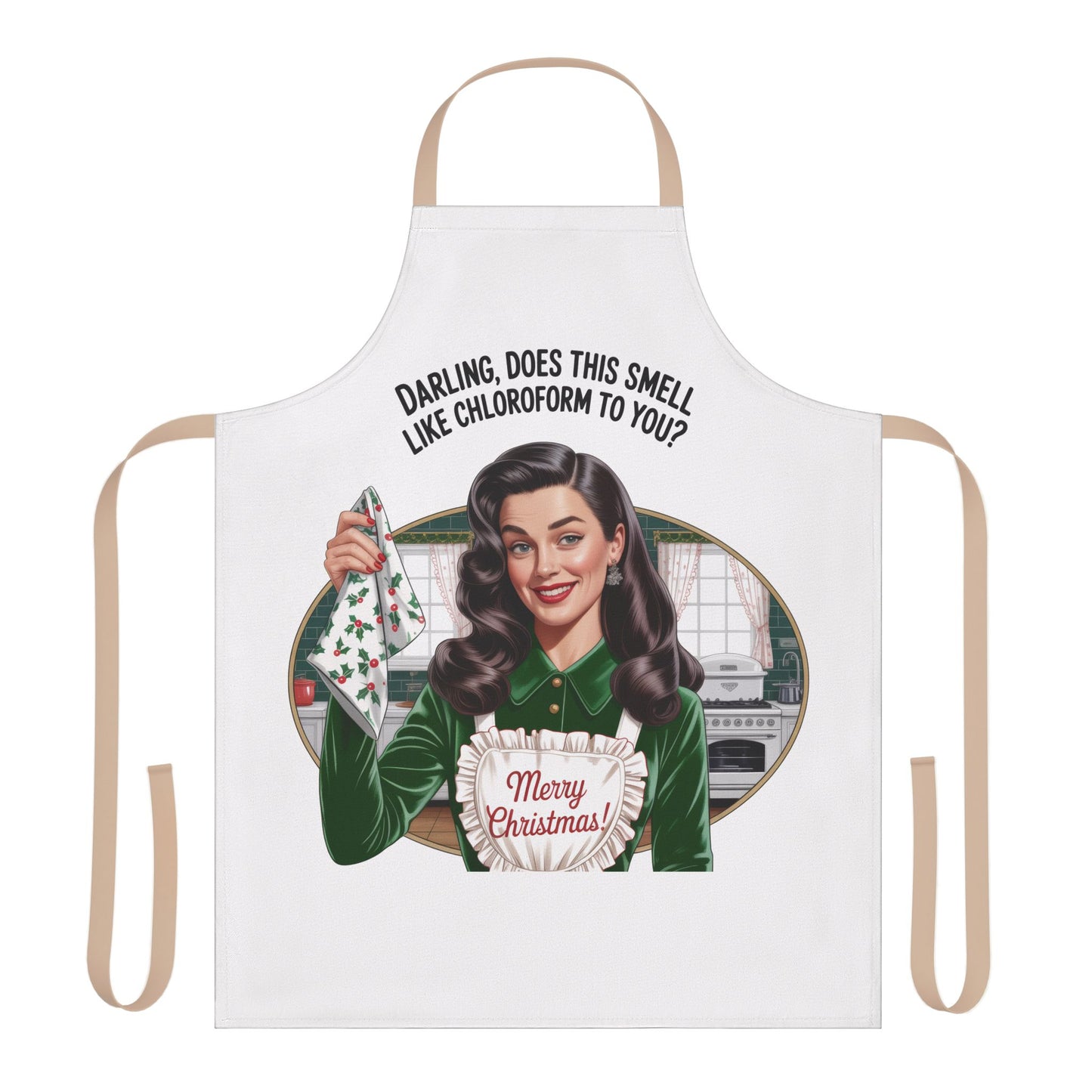 Apron with a vintage-style illustration of a woman and humorous text on a white background