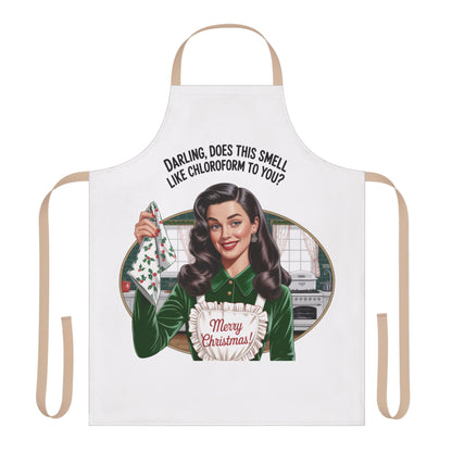 Apron with a vintage-style illustration of a woman and humorous text on a white background