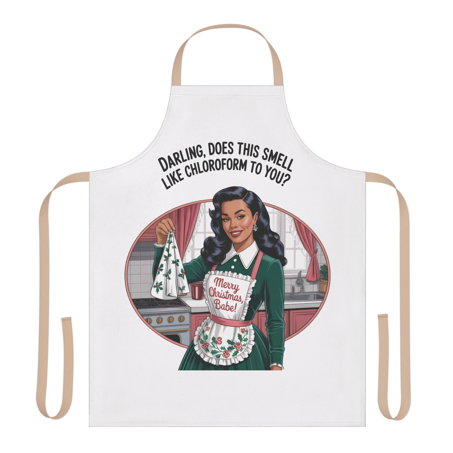 Apron with a graphic of a woman and text on a white background
