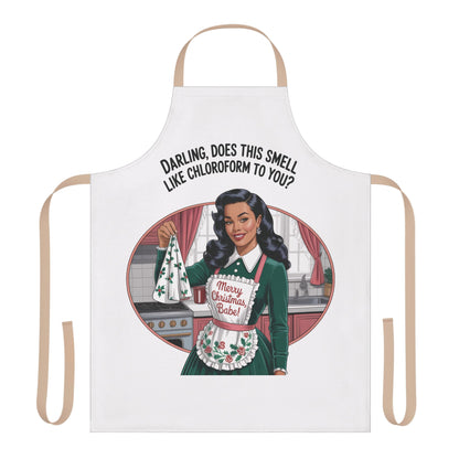 Apron with a graphic of a woman and text on a white background