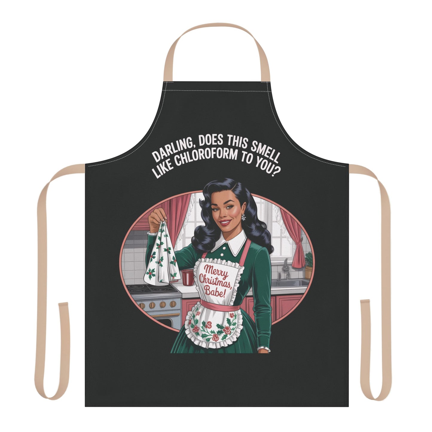 Black apron with a graphic of a woman in a green dress and text, on a white background