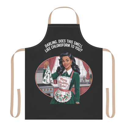 Black apron with a graphic of a woman in a green dress and text, on a white background