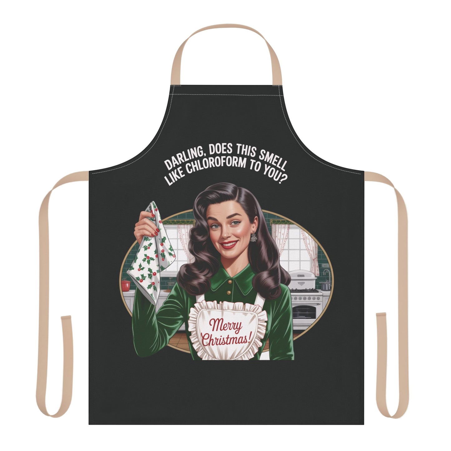 Black apron with a graphic of a woman holding a Christmas gift and text on a white background