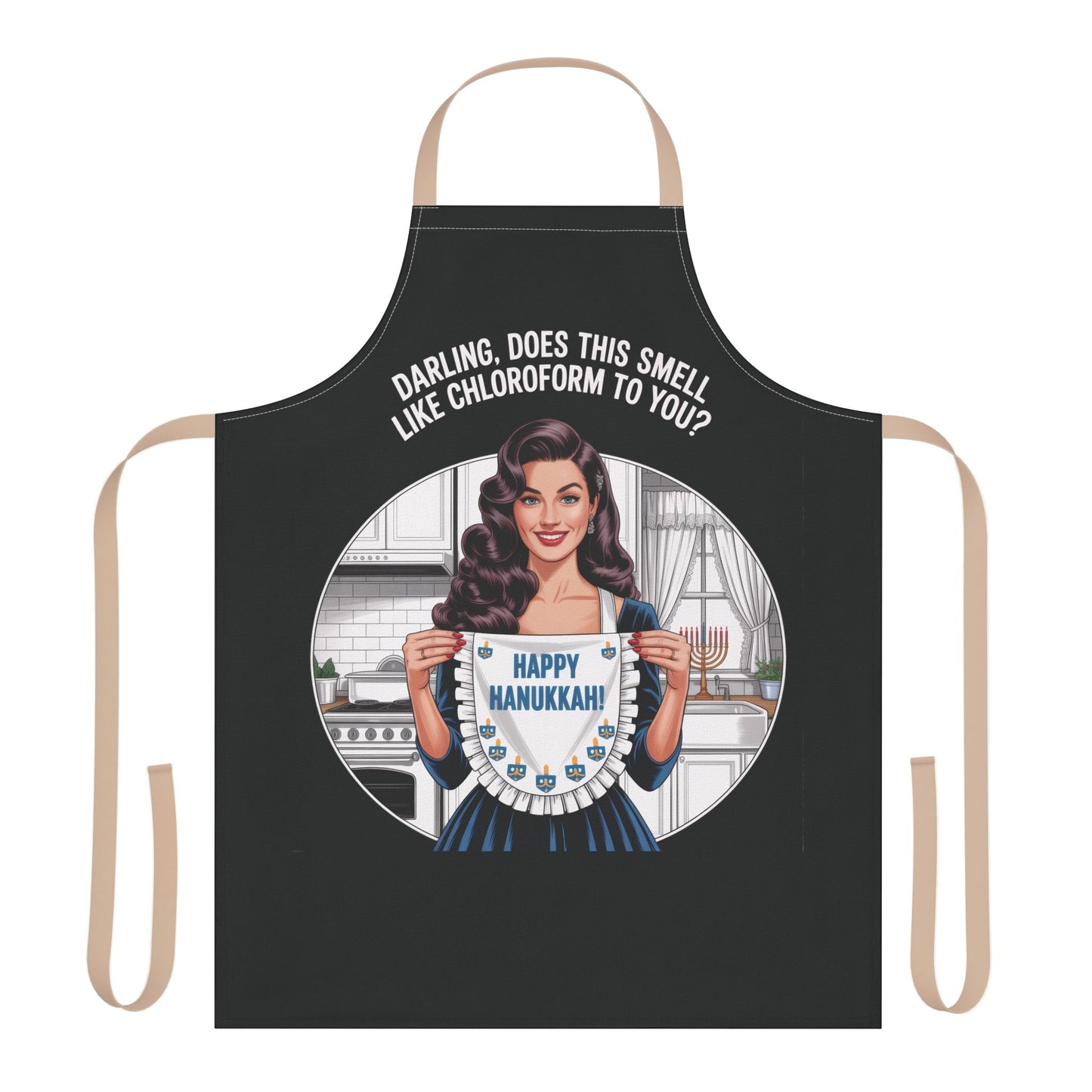Black apron with a graphic of a woman holding a Hanukkah menorah and text, on a white background.