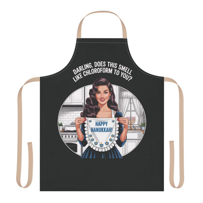 Black apron with a graphic of a woman holding a Hanukkah menorah and text, on a white background.