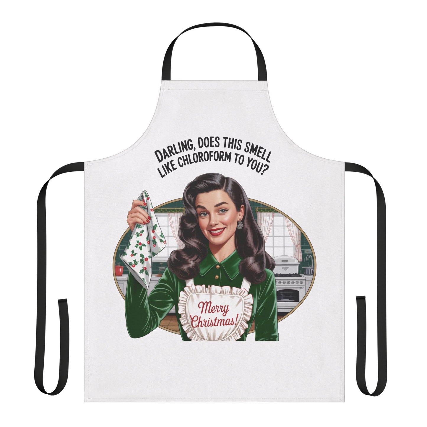Apron with a graphic design of a woman and text on a white background