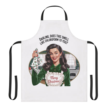 Apron with a graphic design of a woman and text on a white background