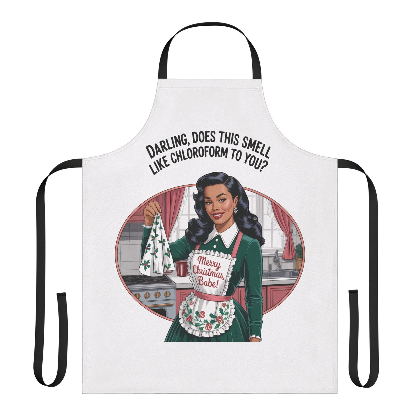 Apron with a graphic of a woman and text on a white background