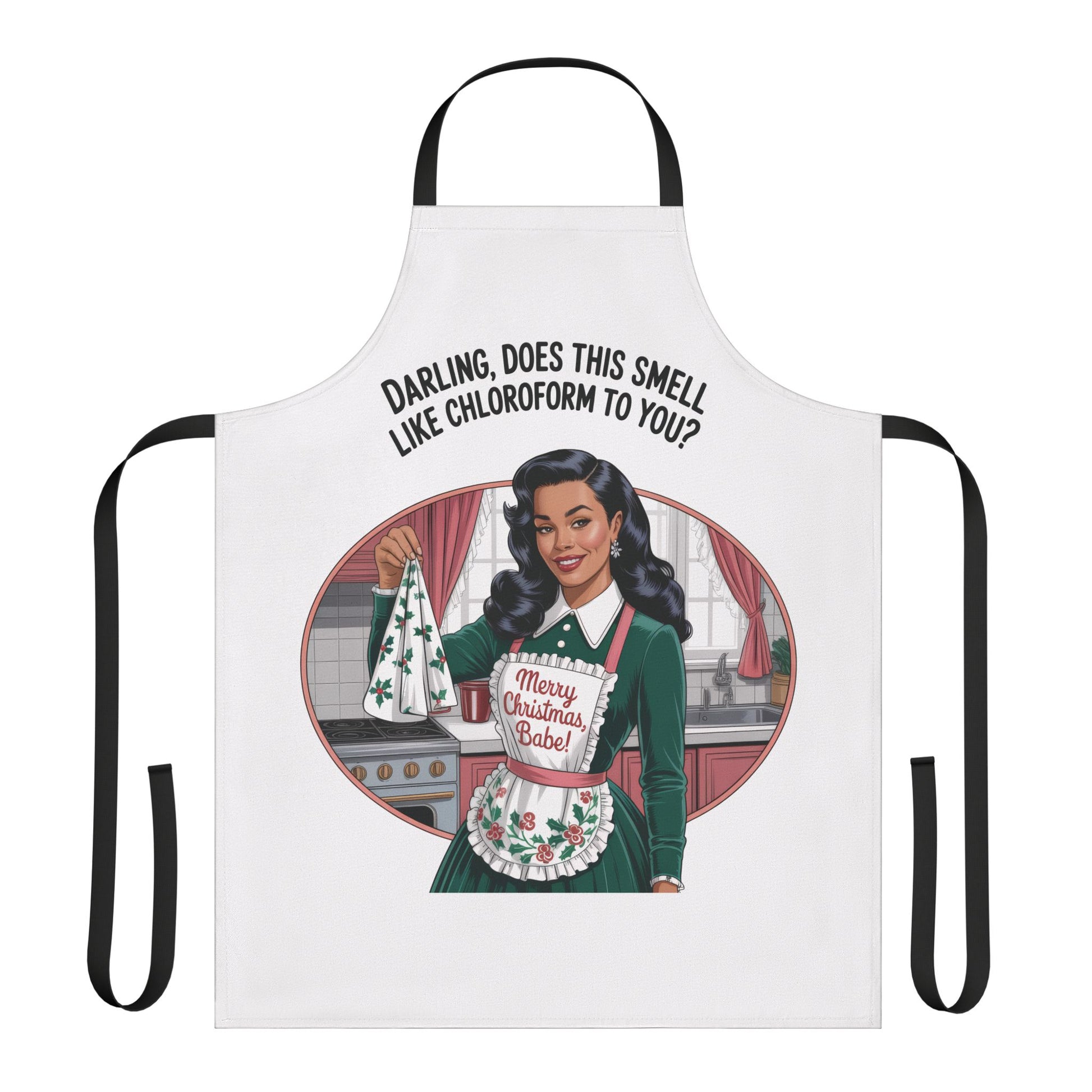Apron with a graphic of a woman and text on a white background