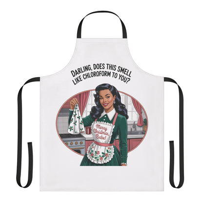 Apron with a graphic of a woman and text on a white background