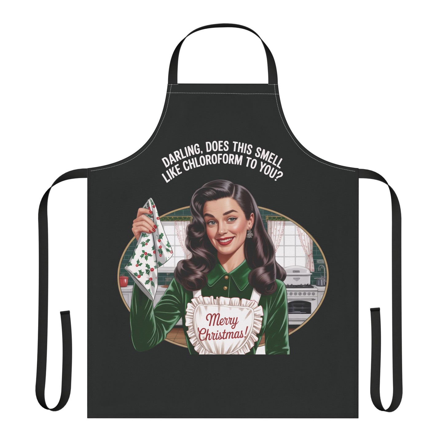 Black apron with a graphic of a woman holding a Christmas-themed napkin and text on a white background