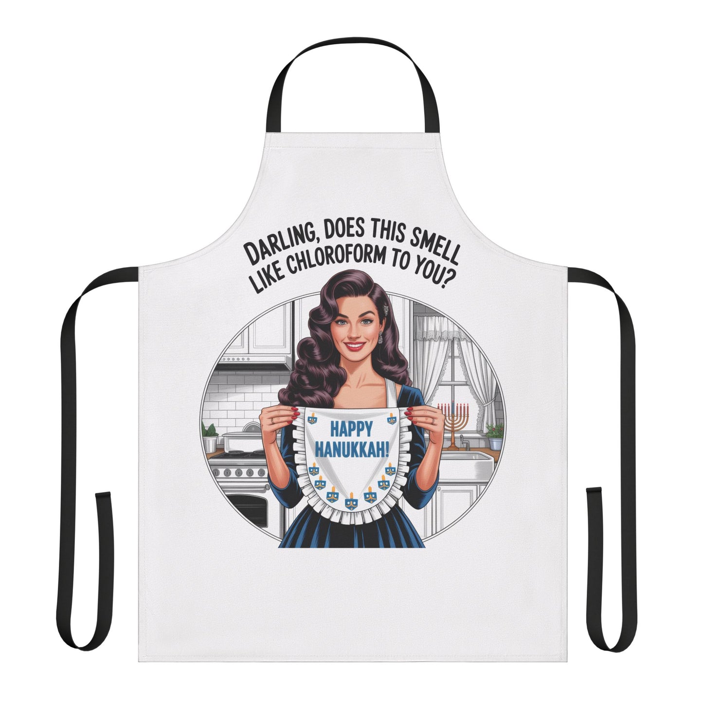 Apron with a graphic of a woman holding a sign and text, on a white background