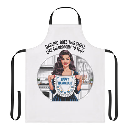 Apron with a graphic of a woman holding a sign and text, on a white background