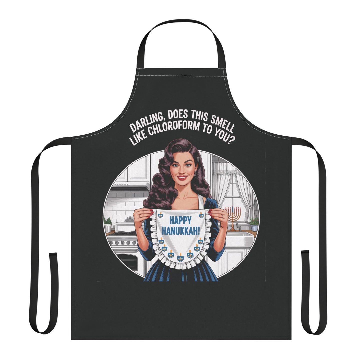 Black apron with a graphic of a woman holding a Hanukkah menorah and text, on a white background.