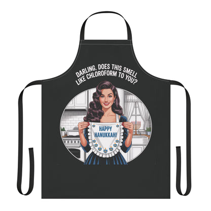 Black apron with a graphic of a woman holding a Hanukkah menorah and text, on a white background.