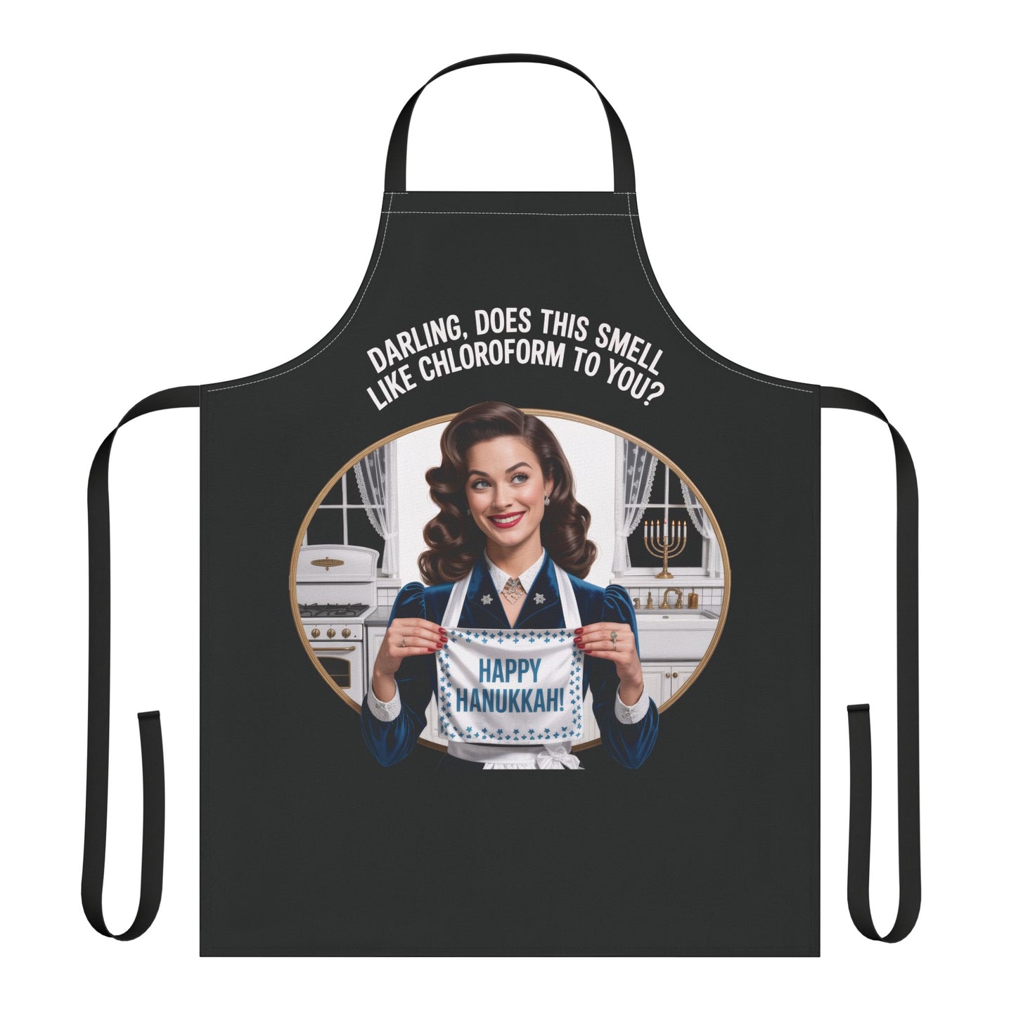Black apron with a graphic of a woman holding a 'Happy Hanukkah' sign, with text on a white background.
