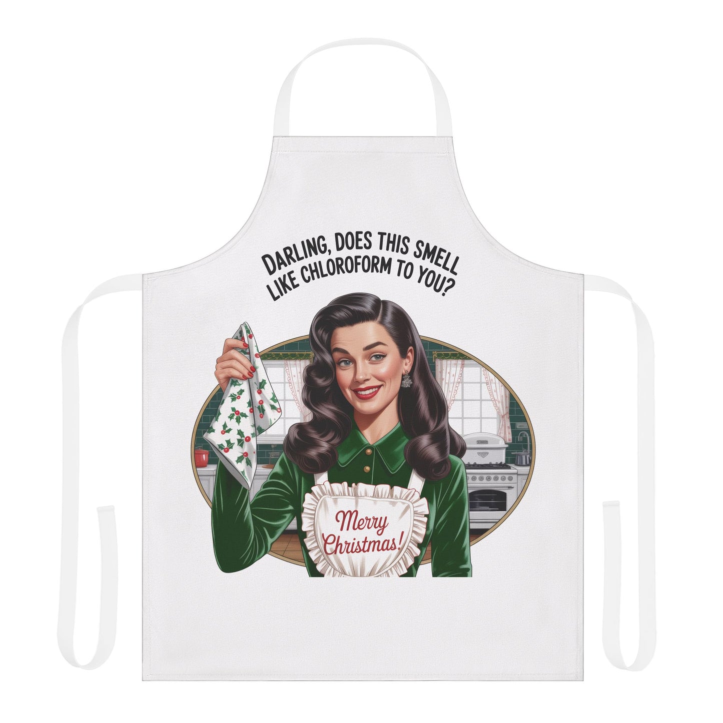 White apron with a Christmas-themed graphic and text on a white background