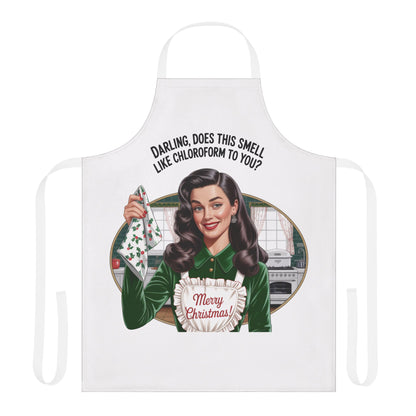 White apron with a Christmas-themed graphic and text on a white background