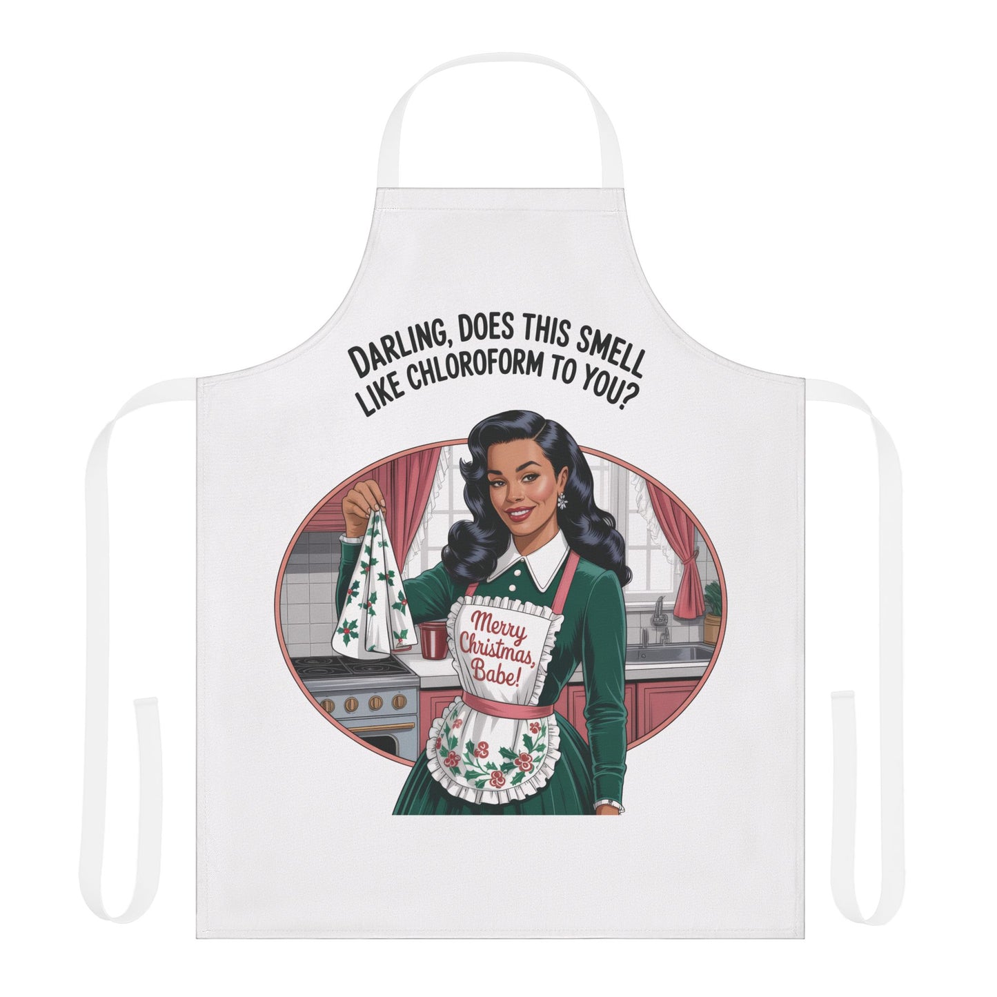 White apron with a graphic of a woman in a green dress and apron, with text on a white background.