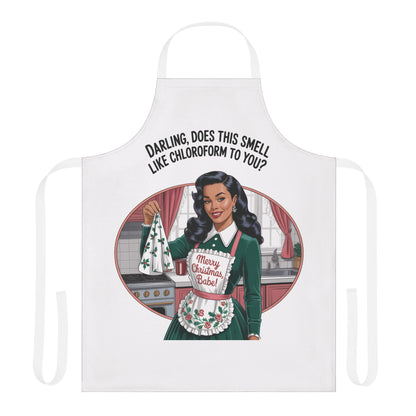 White apron with a graphic of a woman in a green dress and apron, with text on a white background.