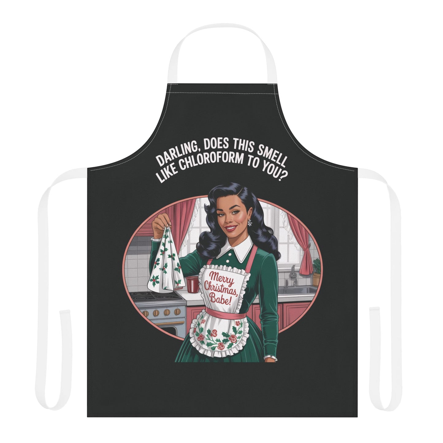 Black apron with a graphic of a woman in a Christmas-themed apron and text on a white background