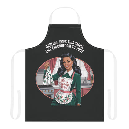Black apron with a graphic of a woman in a Christmas-themed apron and text on a white background