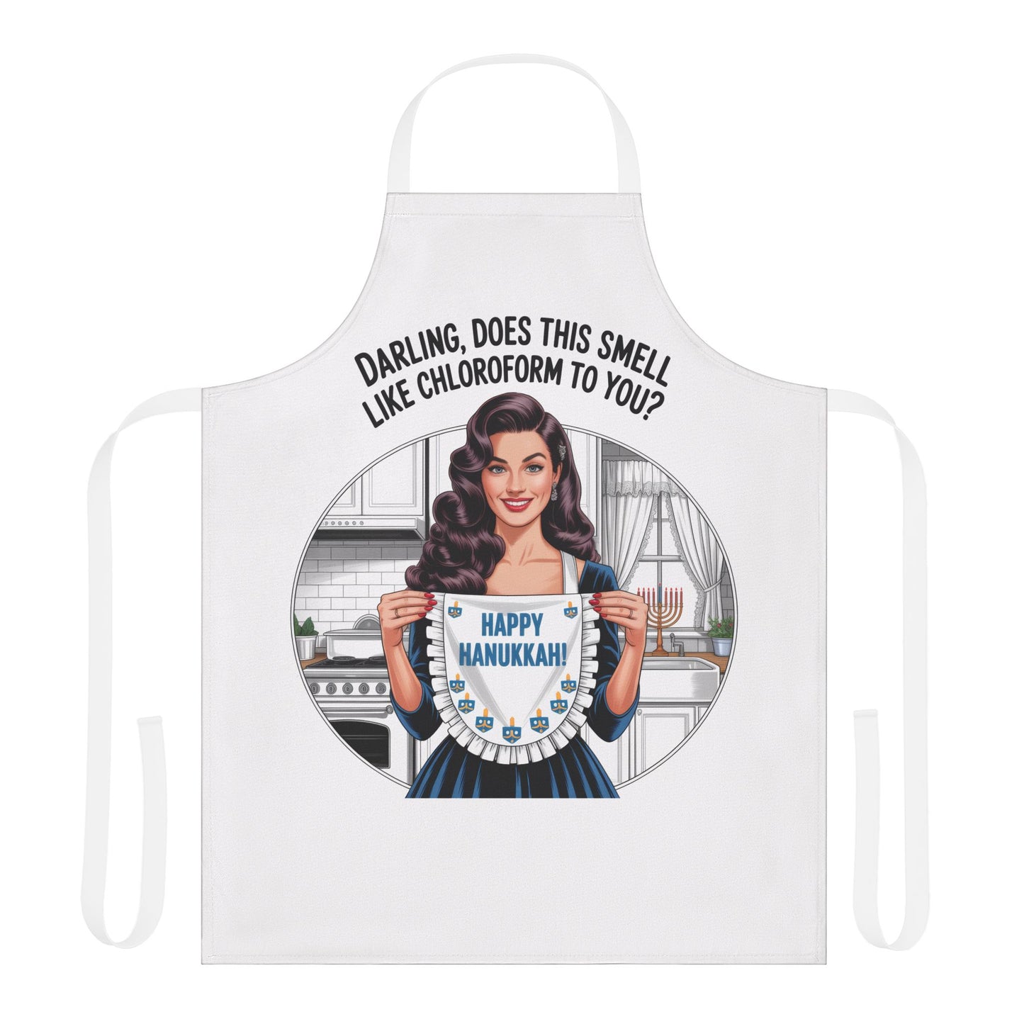 Apron with a graphic of a woman holding a Hanukkah menorah and text, on a white background