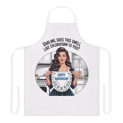 Apron with a graphic of a woman holding a Hanukkah menorah and text, on a white background