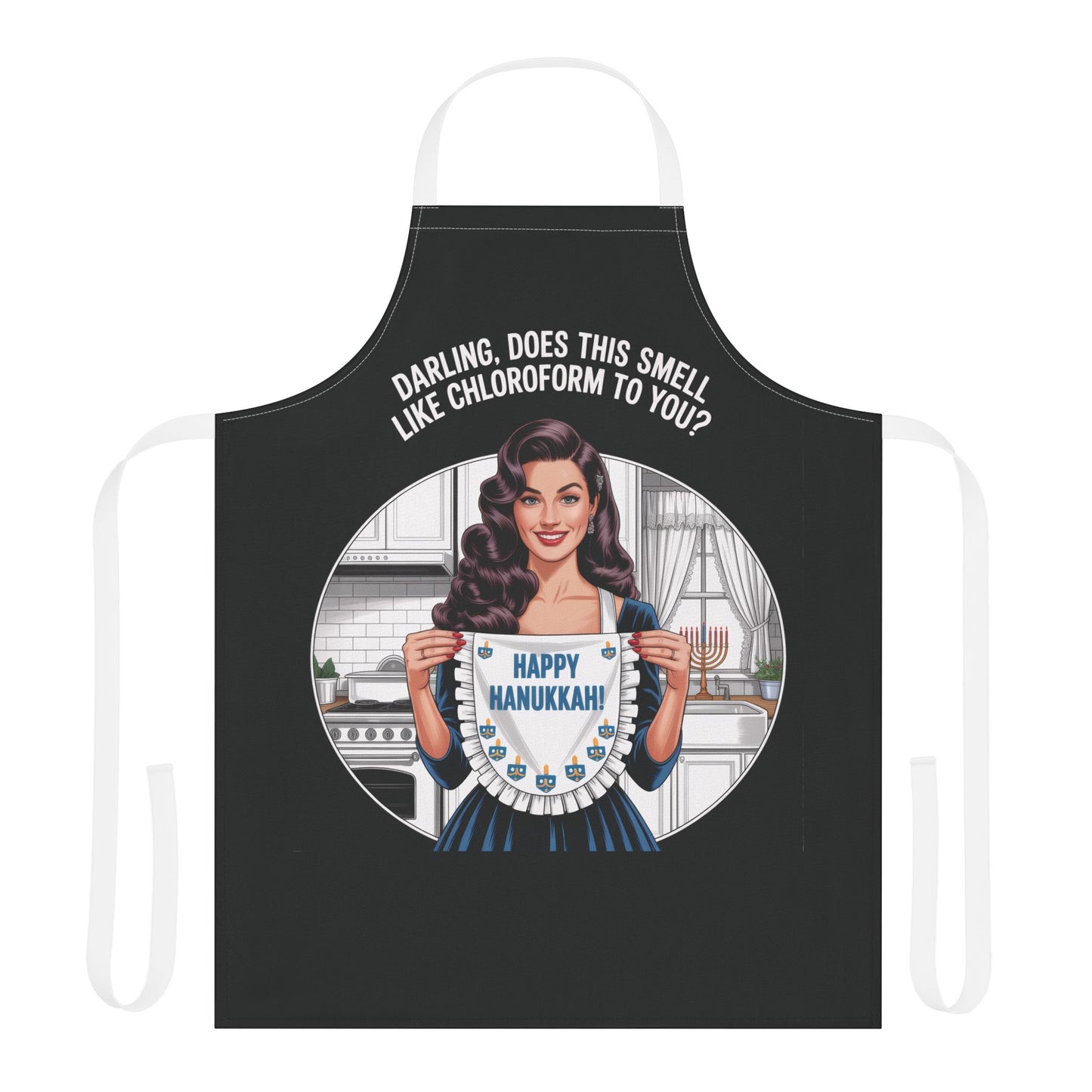 Black apron with a graphic of a woman holding a Hanukkah menorah and text on a white background